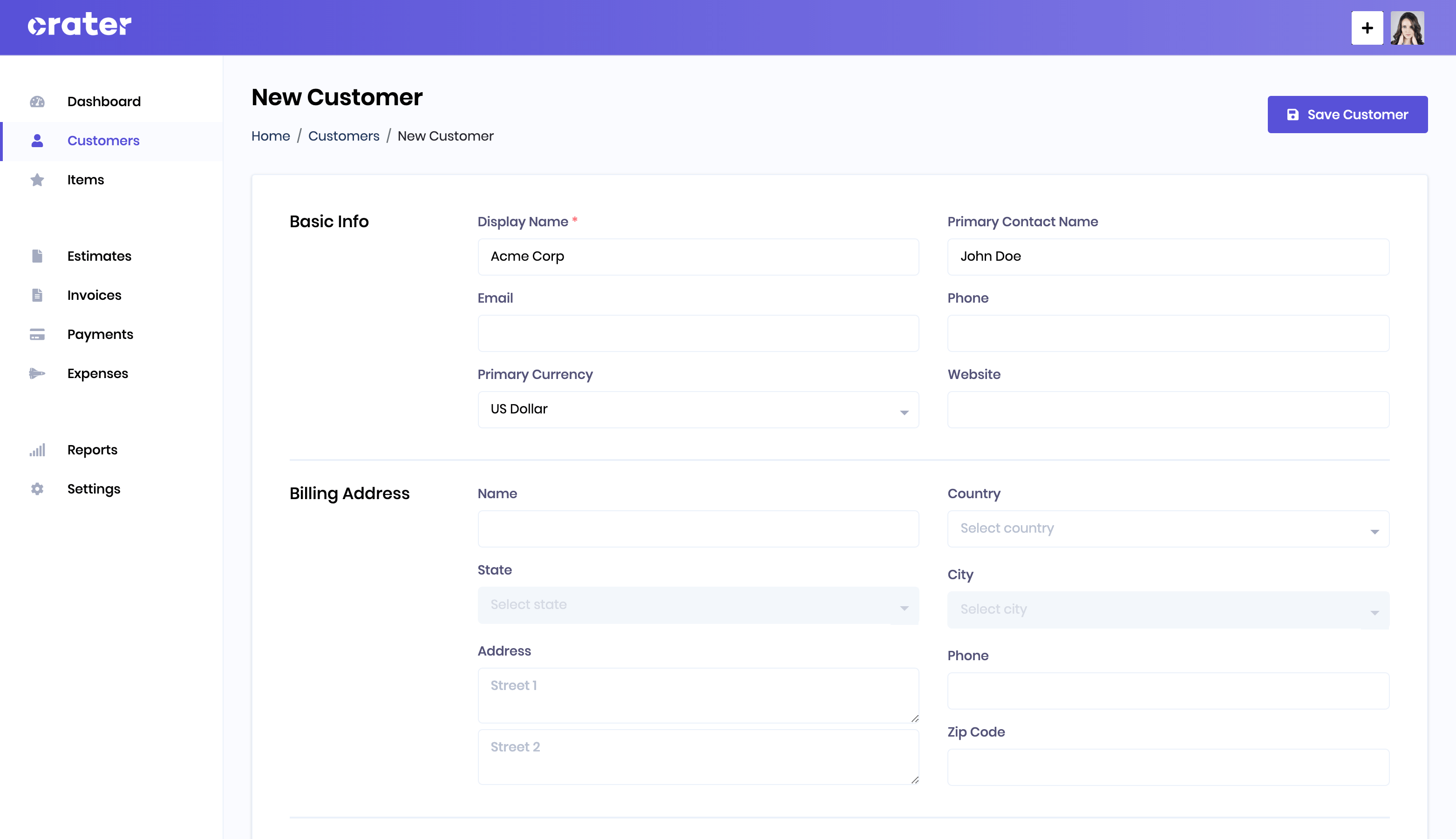 Customers Create Page