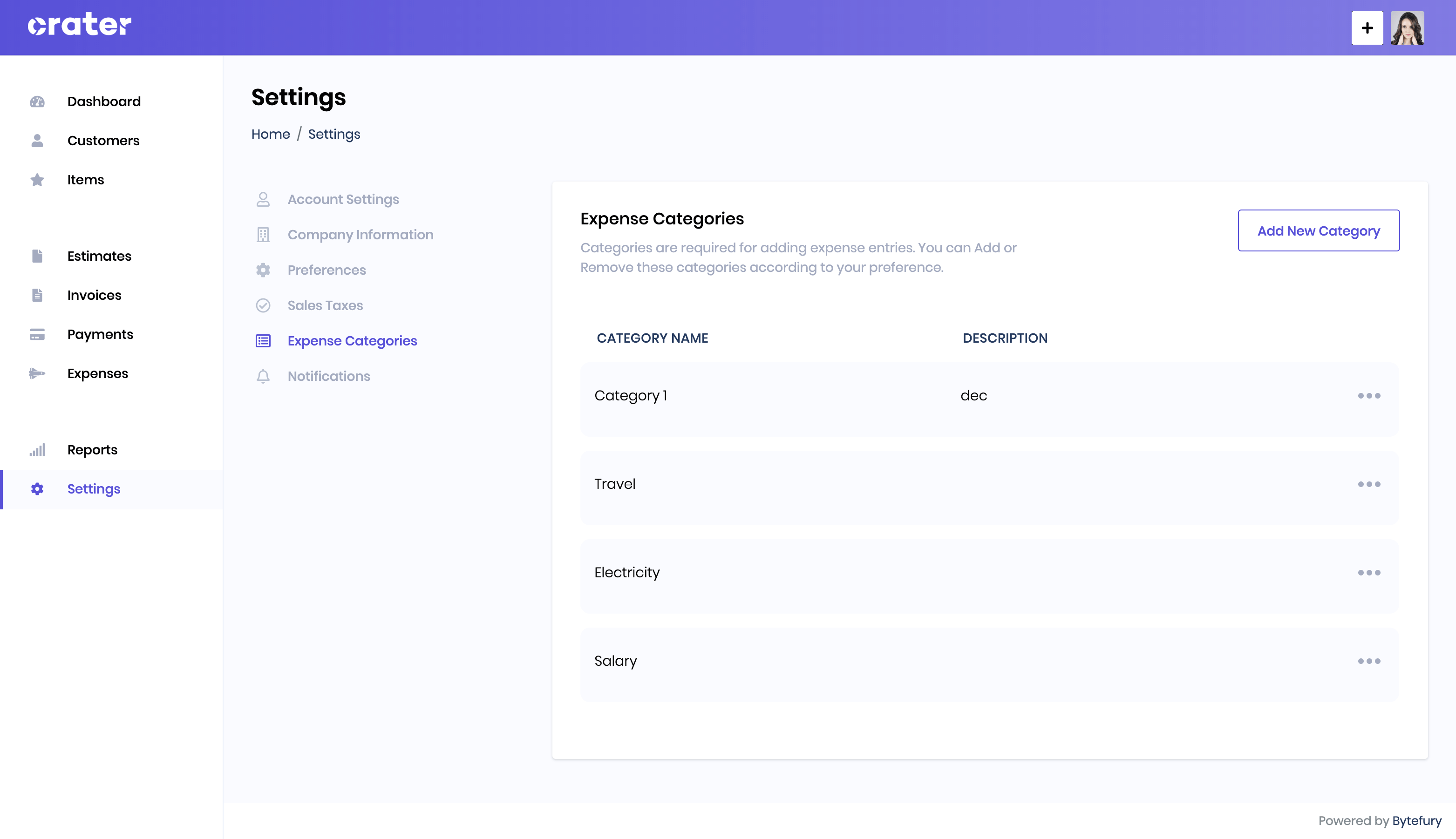 Expense Categories Page